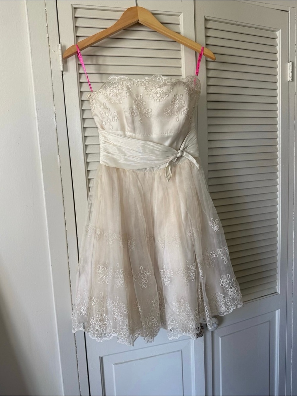 Betsey Johnson Ivory Lace Tulle Party Dress with Pink Straps